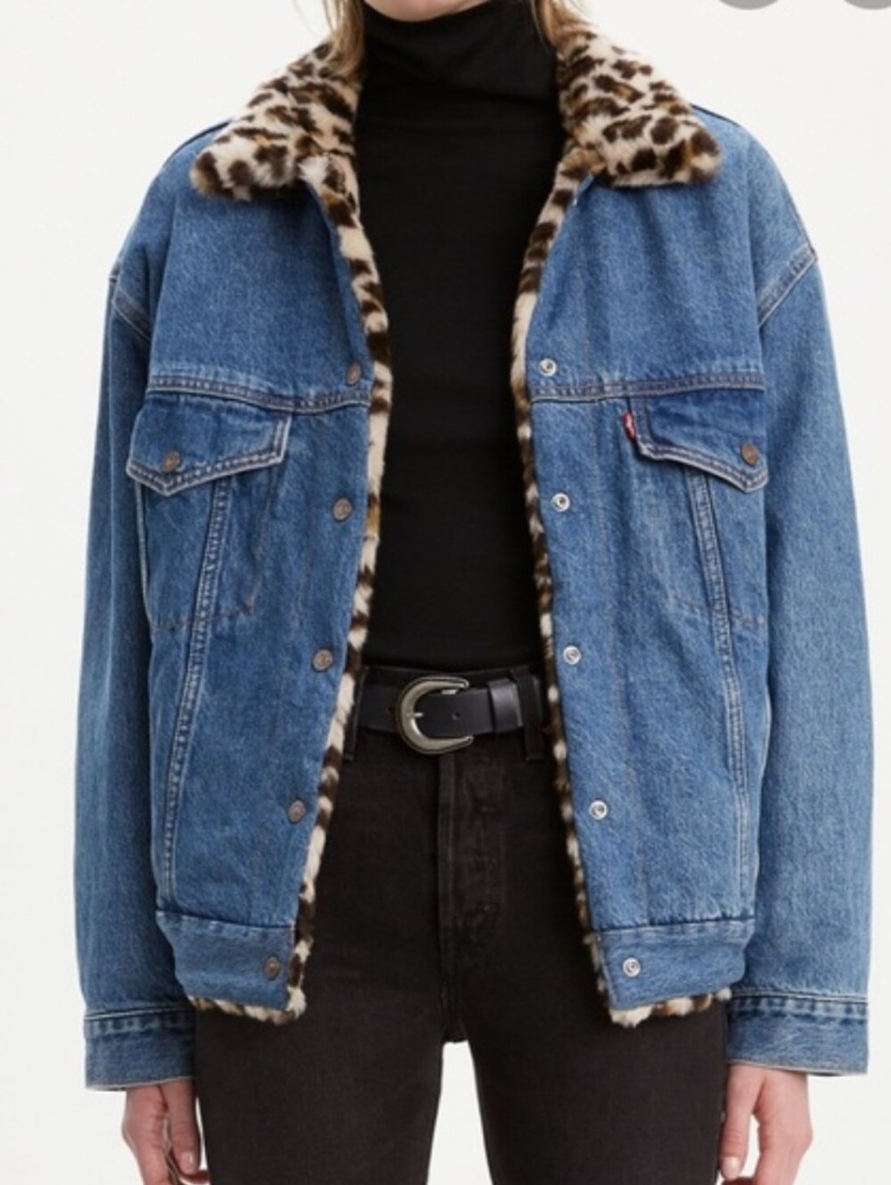 Levi's Leopard Sherpa Lined Denim Trucker Jacket Reversible 90s Style Size L